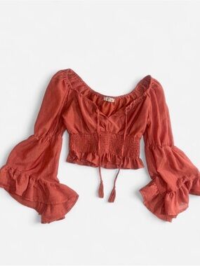 Blush Rust Red Smocked Crop Top with Tiered Bell Sleeves